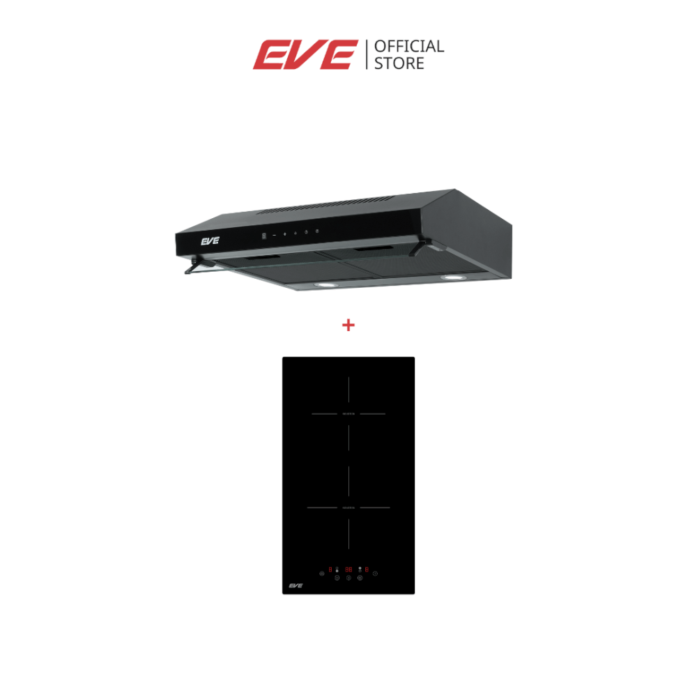 ชุดเซ็ทเครื่องดูดควันแบบมาตรฐาน + เตาฝังอินดักชั่น 2 หัว EVE HF-BK102TOUCH-60 + HB30-2IND294/TC ขนาด 60 ซม.สีดำ